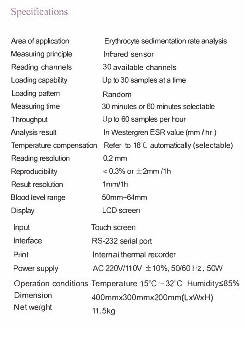 30 Channel Auto ESR Analyzer Clinical Analytical Instrument for Blood Analysis-Erythrocyte Sedimentation Rate