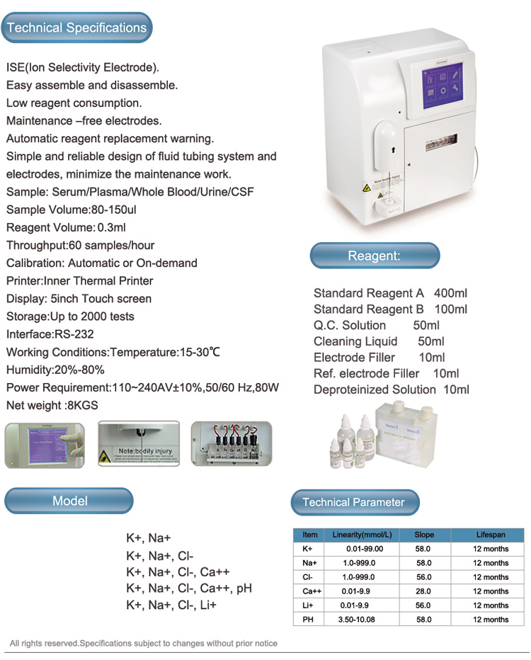 Fully Automatic 7 Inch Touch Screen Portable Electrolyte Analyzer for Na K Cl Ca PH Li Mg CO2 Test