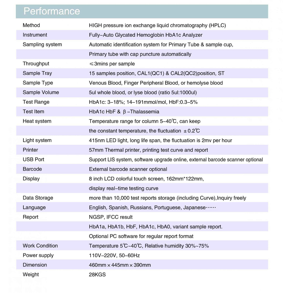 Automated Glycated Hemoglobin Analyzer HPLC H9 with Hb Variant Detection Hemoglobin A1c Analyzer